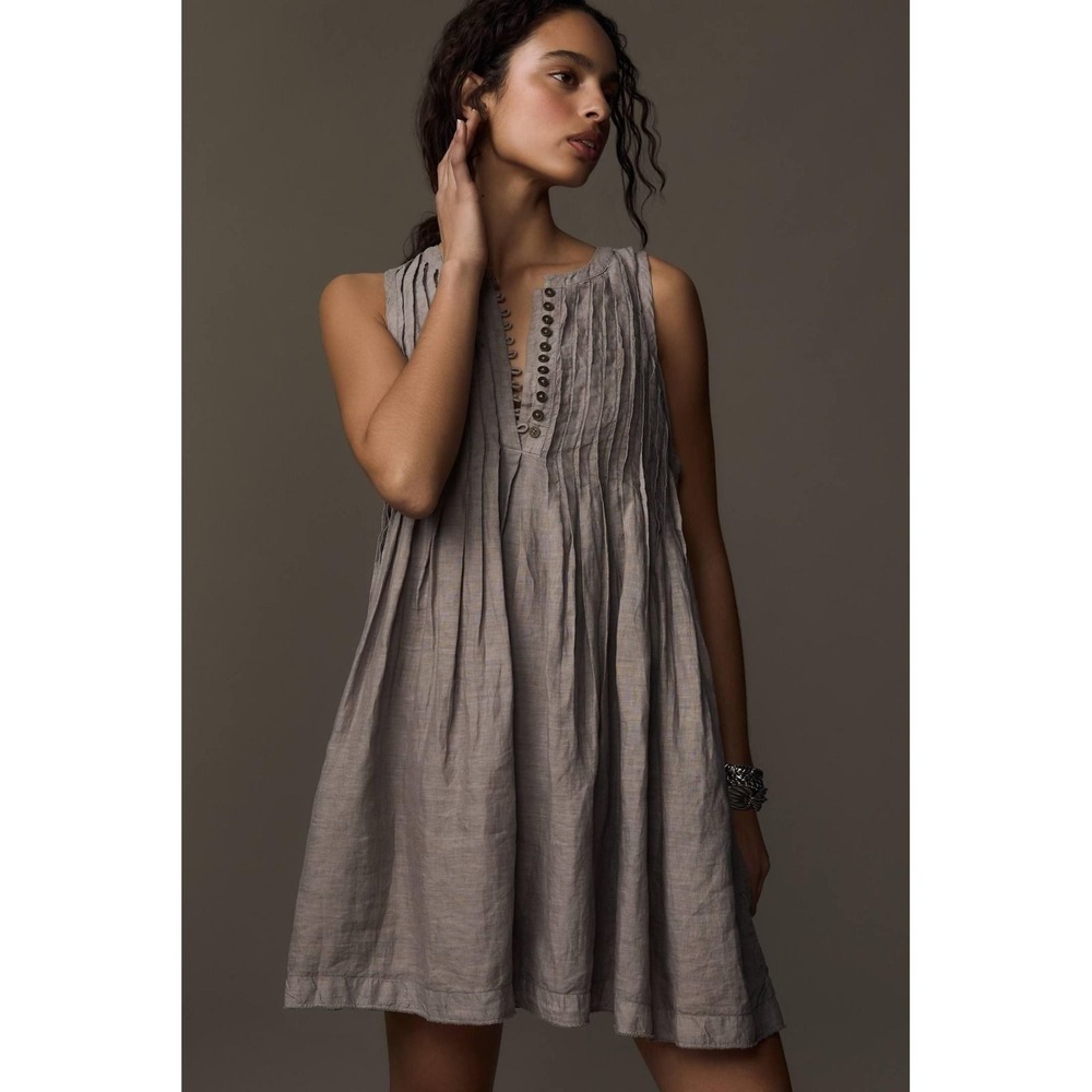Anthropologie Pleated Linen Tunic Dress Womens XXS Taupe Sleeveless Mini Boho